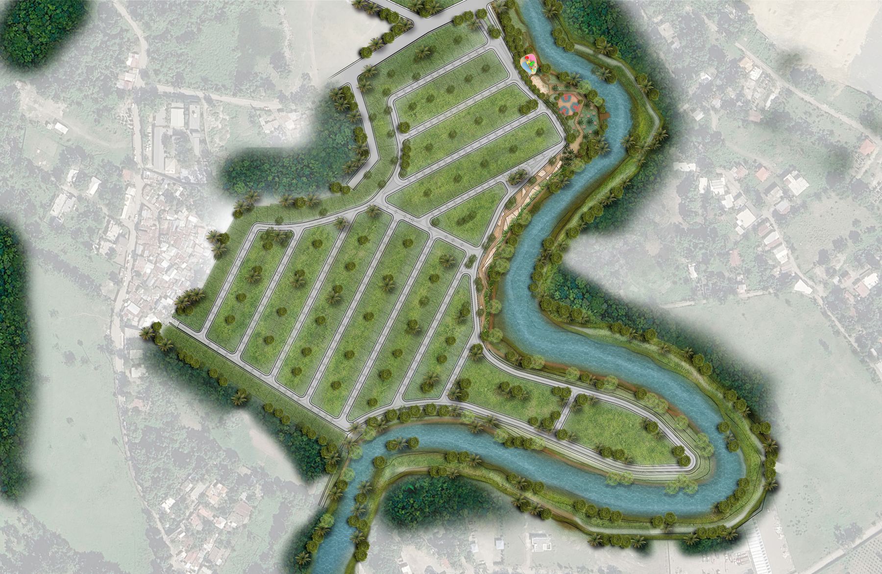 Master plan de Prados del Río: manzanas de solares rodeadas por el río