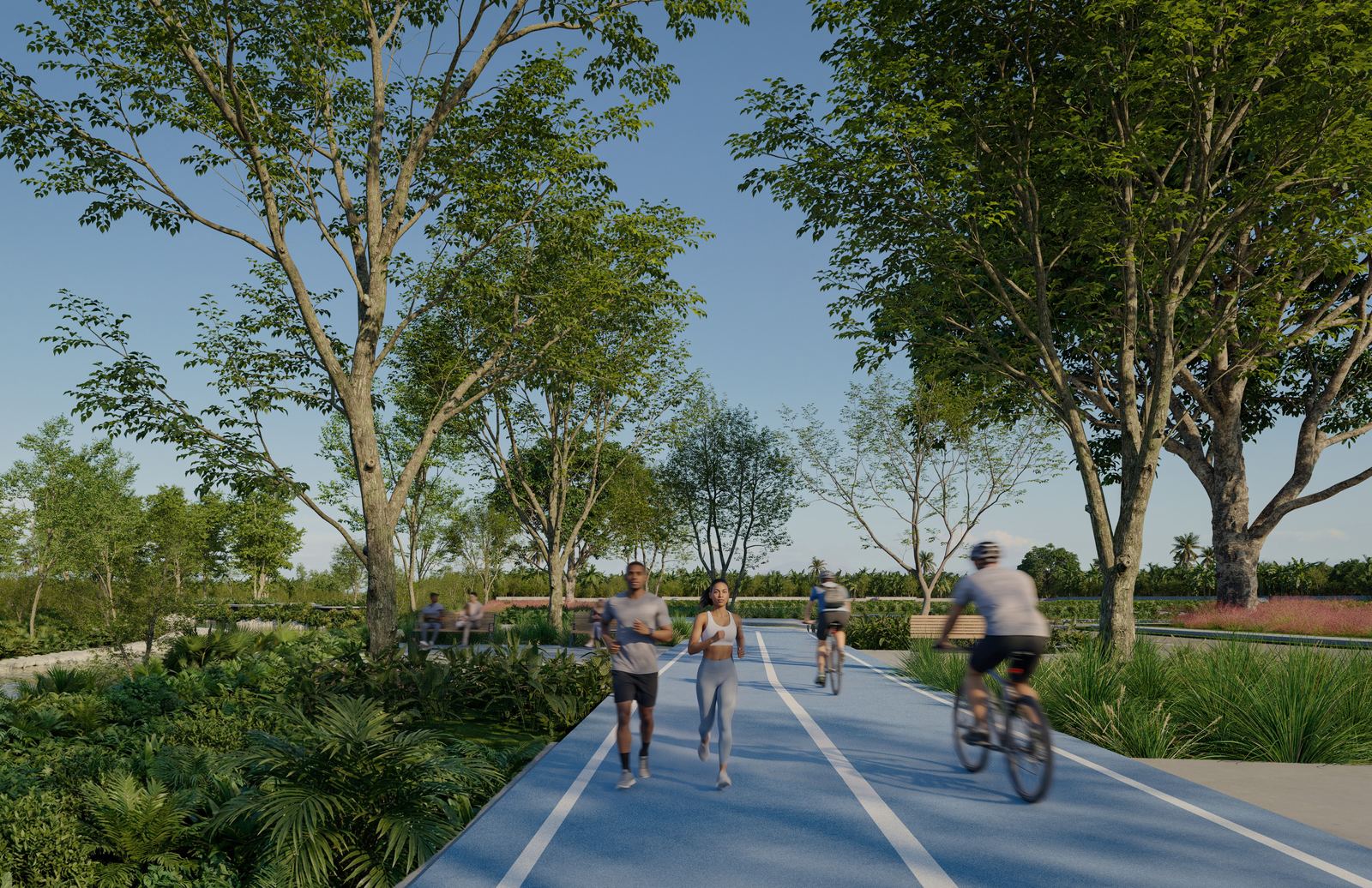 Parque lineal con ciclovía y personas caminando