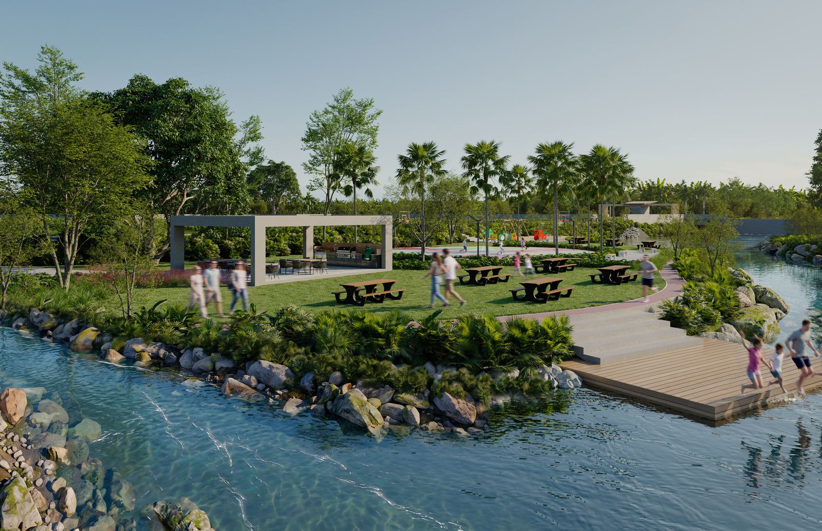 Área de picnic con pérgola y mesas junto al río