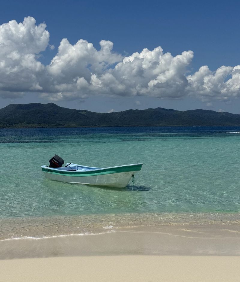 Bote en aguas turquesas frente a una playa