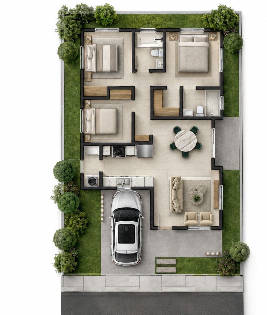 Planta arquitectónica de la tipología de vivienda de 3 habitaciones