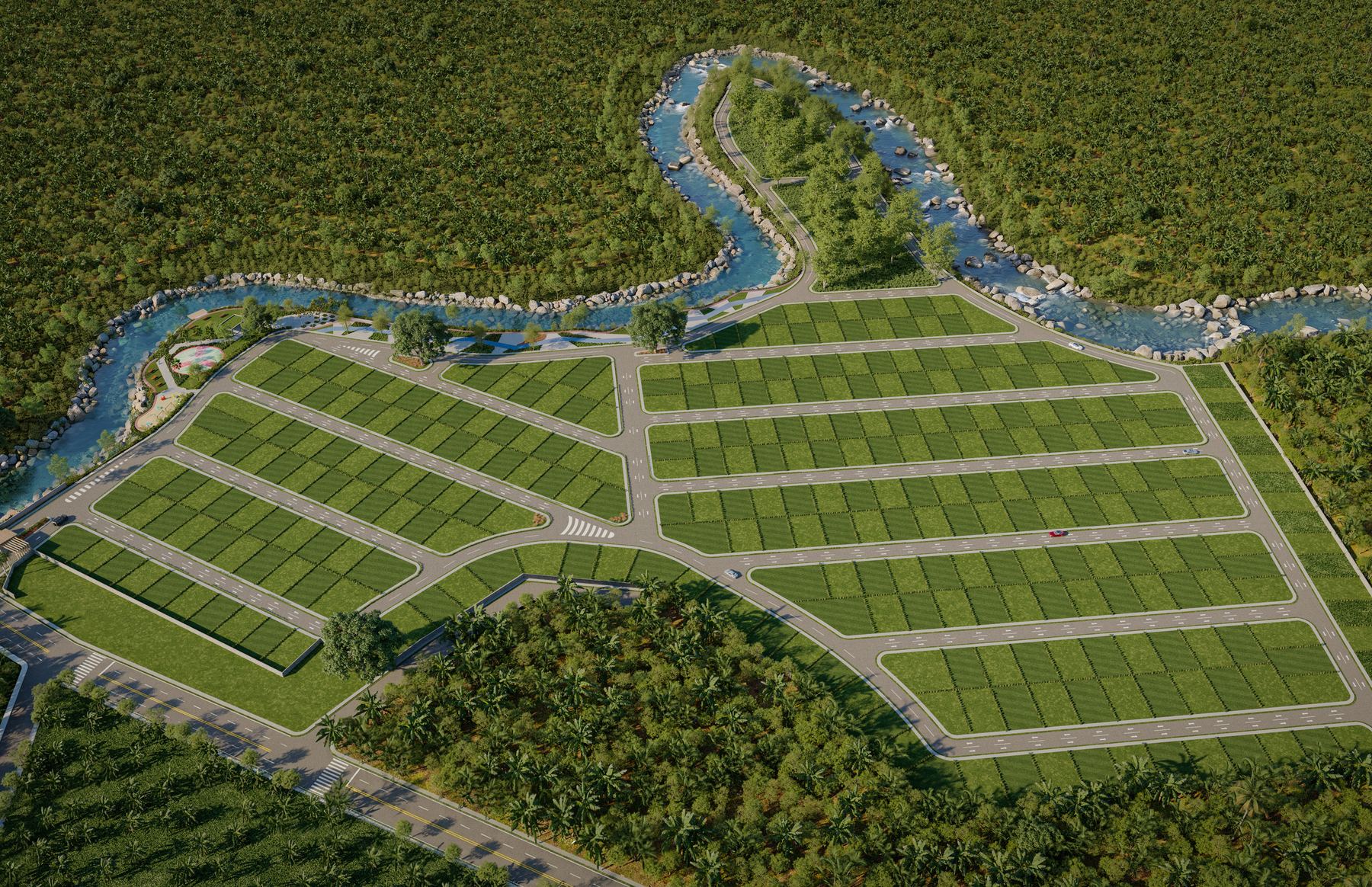Vista aérea del proyecto con el río y las manzanas de solares